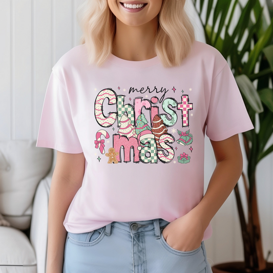 Crewneck T-Shirt (Merry Christmas Pink)