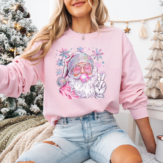 Christmas Crewneck Sweat shirt(PEACE SIGN SANTA PINK)