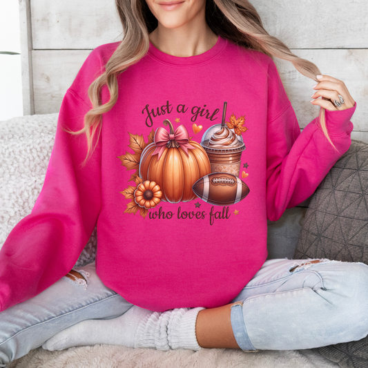 Just a girl who loves fall Crewneck (Hot pink)