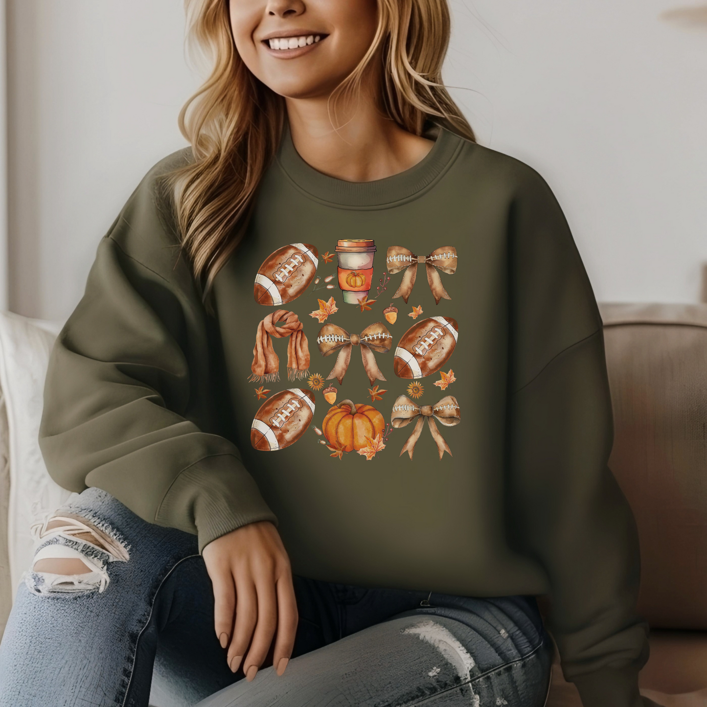 Foot Ball and Pumpkin Crewneck (Army Green)