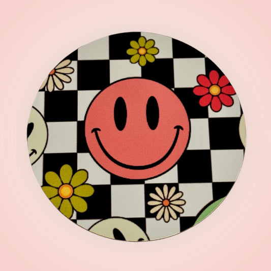 Retro Checker Smiley Face Daisy Coaster