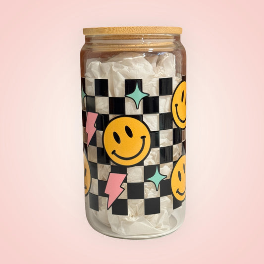 16oz Iced Coffee Glass Cup with Bamboo Lid (Retro Smiley Face)