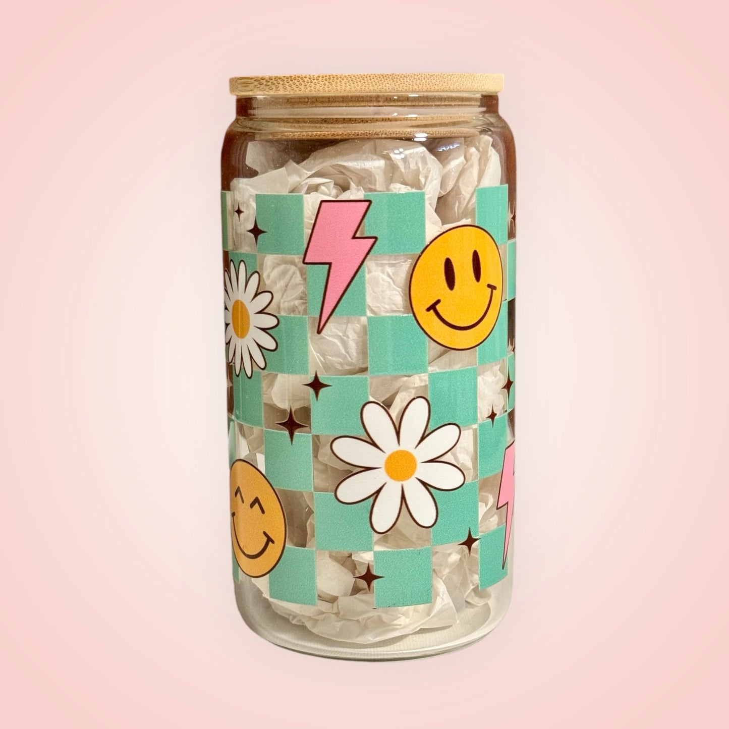 16oz Iced Coffee Glass Cup with Bamboo Lid (Smiley Face and Daisy)