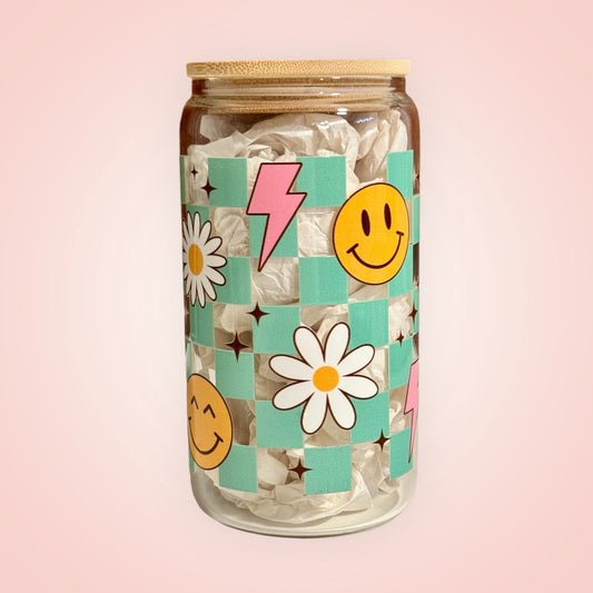 16oz Iced Coffee Glass Cup with Bamboo Lid (Smiley Face and Daisy)