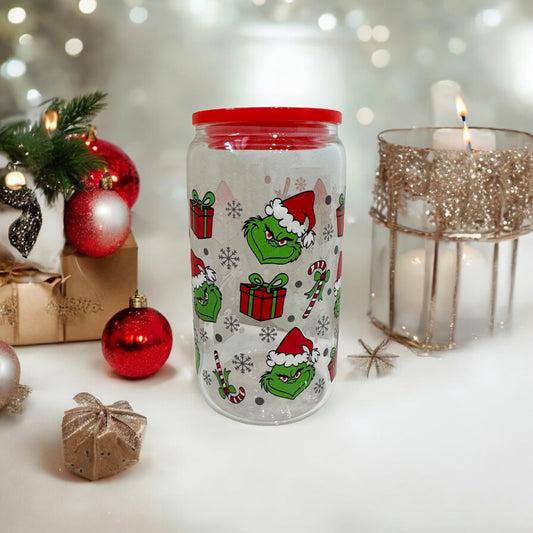 16oz Iced Coffee Christmas Glass Cup with Acrylic Red Lid