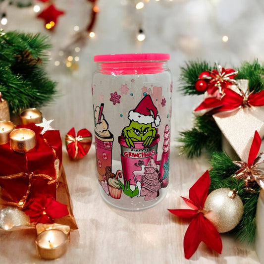 16oz Iced Coffee Christmas Glass Cup with Acrylic Pink Lid