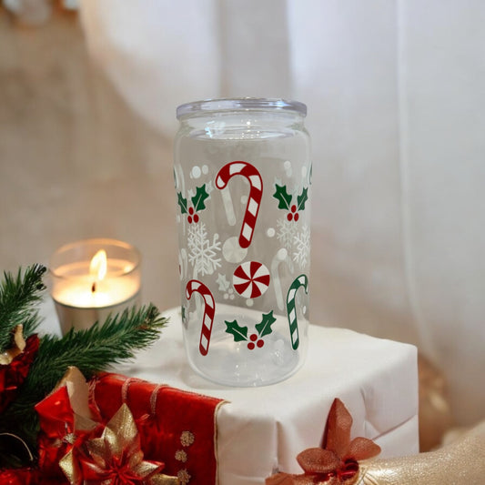 16oz Iced Coffee Candy Cane Christmas Glass Cup with Acrylic Clear Lid