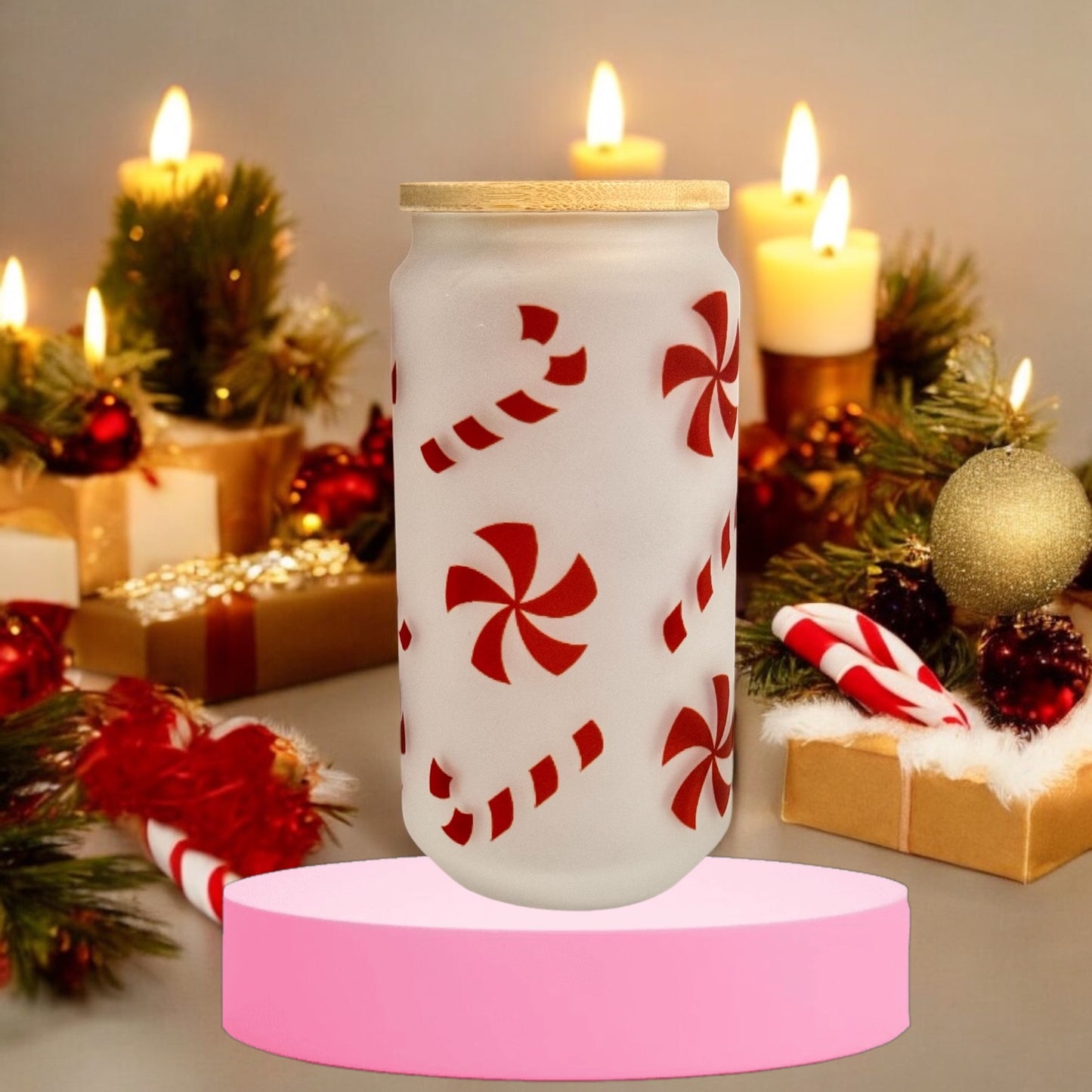 16oz Frosted Glass Cup with Bamboo Lid (Candy Cane)