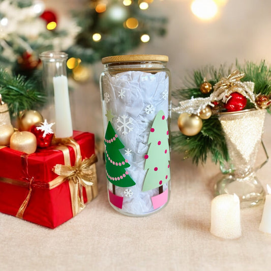 20oz Pastel Christmas Tree Glass Cup with Bamboo Lid