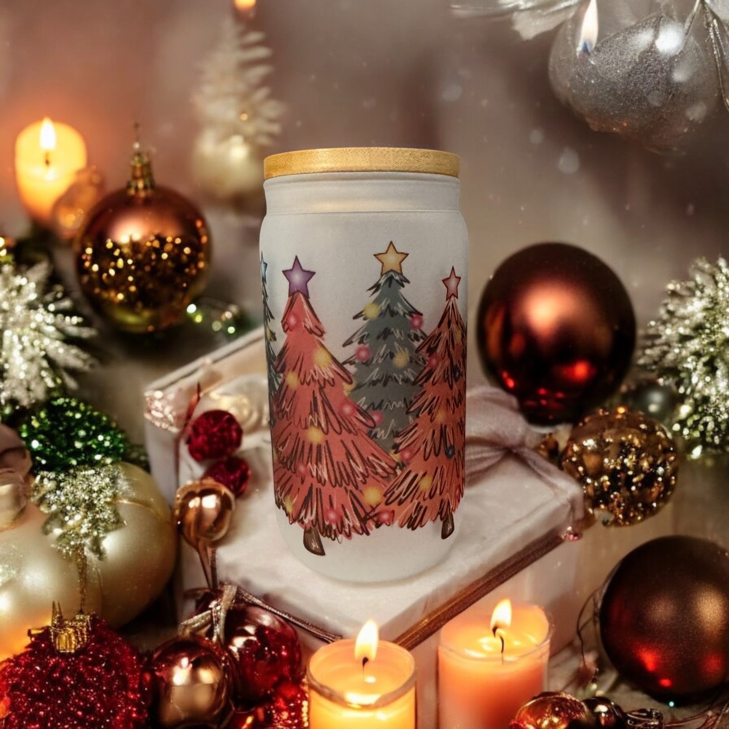 16oz Frosted Cup with Bamboo Lid (Color Christmas Trees)