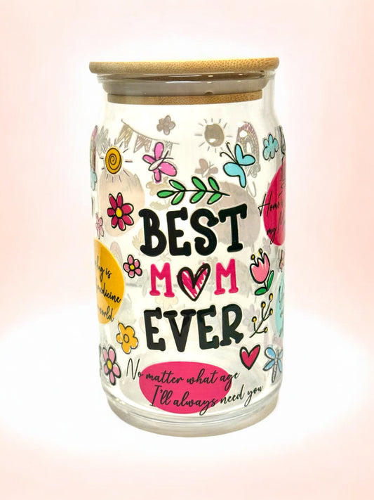 16oz Best Mom Ever Iced Coffee Glass Cup with Bamboo lid.