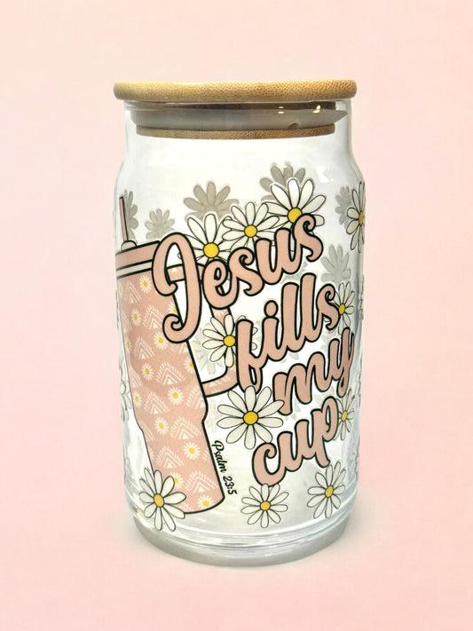 16oz Jesus fills my Cup Iced Coffee Glass Cup with Bamboo lid