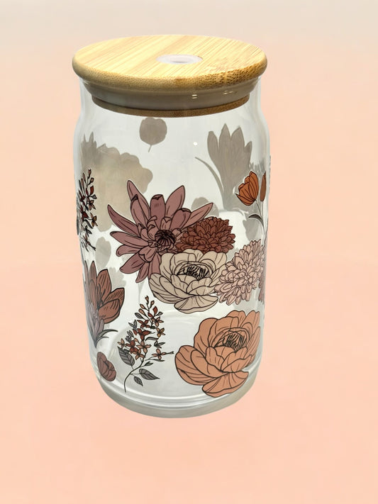 16oz Boho flower Iced Coffee Glass Cup with Bamboo lid