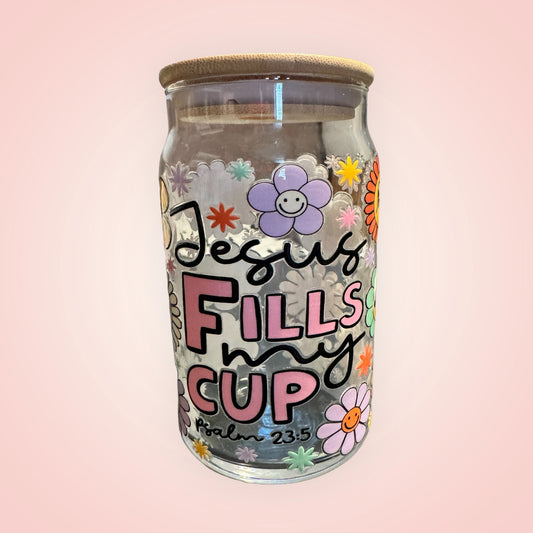 16oz Jesus fills my Cup Iced Coffee Glass Cup with Bamboo lid